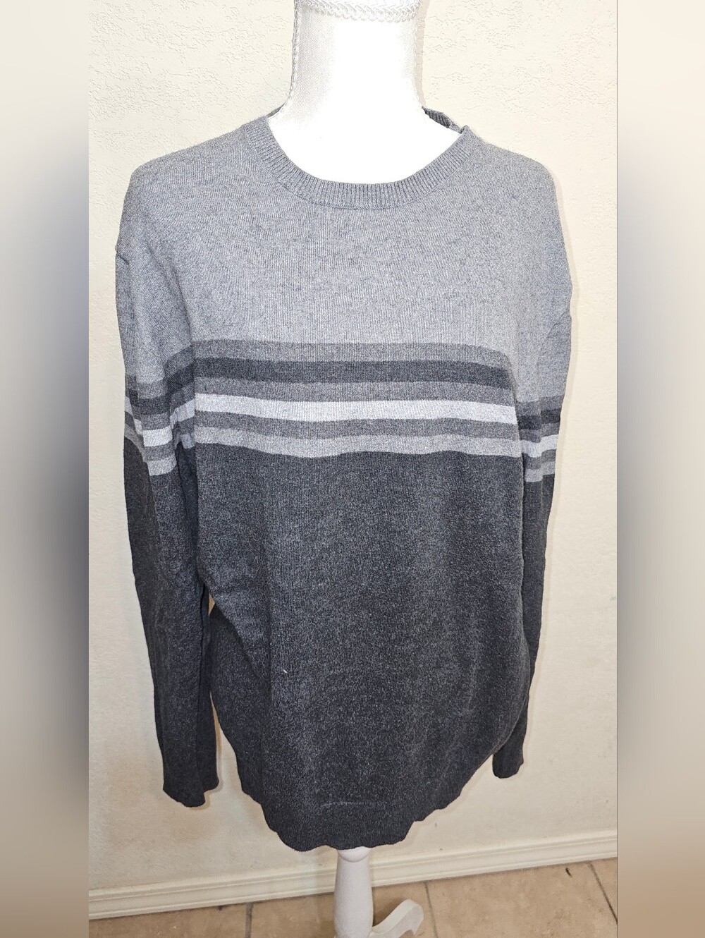 Claiborne Men's Gray Striped Crewneck Sweater